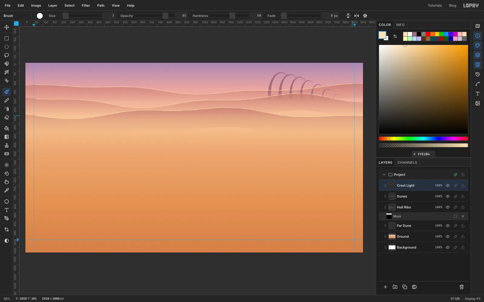 Three layered dunes across the top of the frame, each with a thin pale rim of back-light along its crest