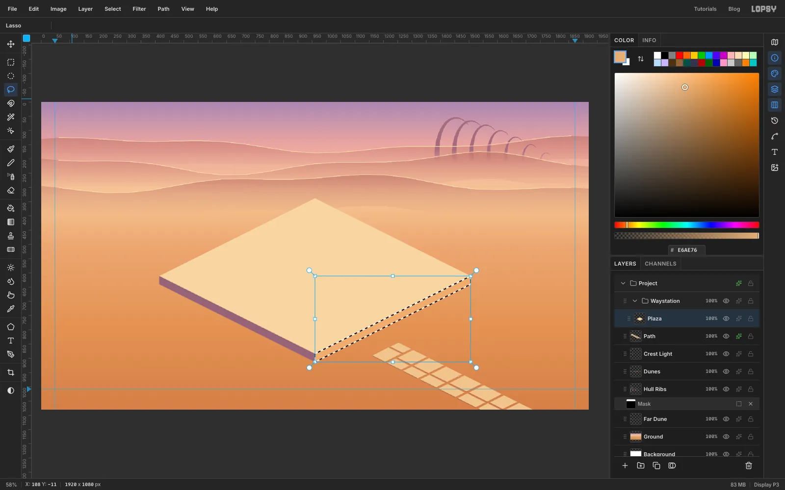 A flagstone path running to the bottom right and a large isometric slab with a cream top, mauve left face and tan right face, with the right face selected