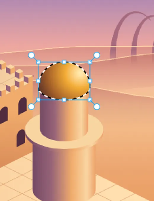 A zoomed view of the spire with a golden dome lit from the upper right by a radial gradient