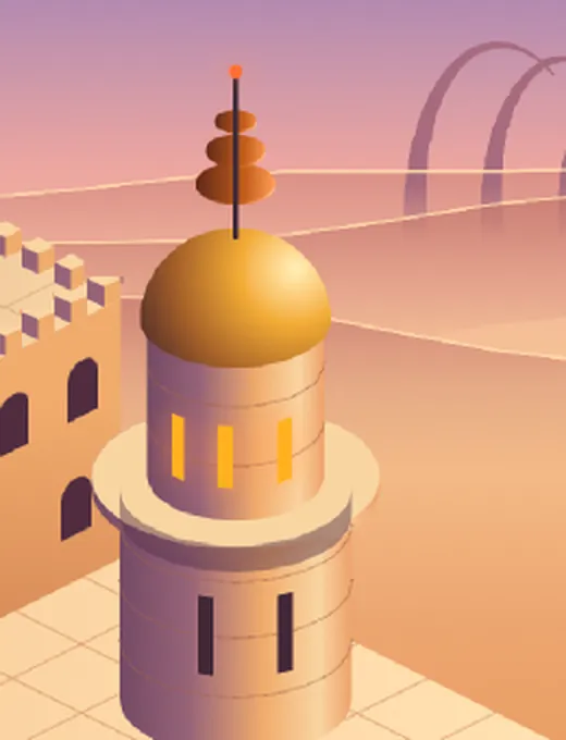 The spire with three thin copper discs stacked on its mast, sandstone courses, dark slits in the lower drum, glowing slits in the upper drum and an orange beacon at the tip
