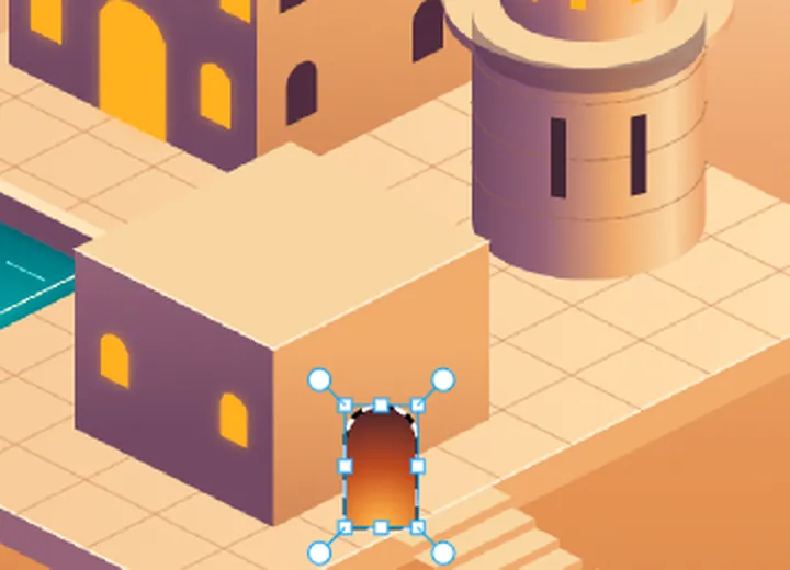 A zoomed view of the gatehouse with a flat arch lasso-selected on its right wall, filled with a radial glow from amber at the floor to dark plum at the top