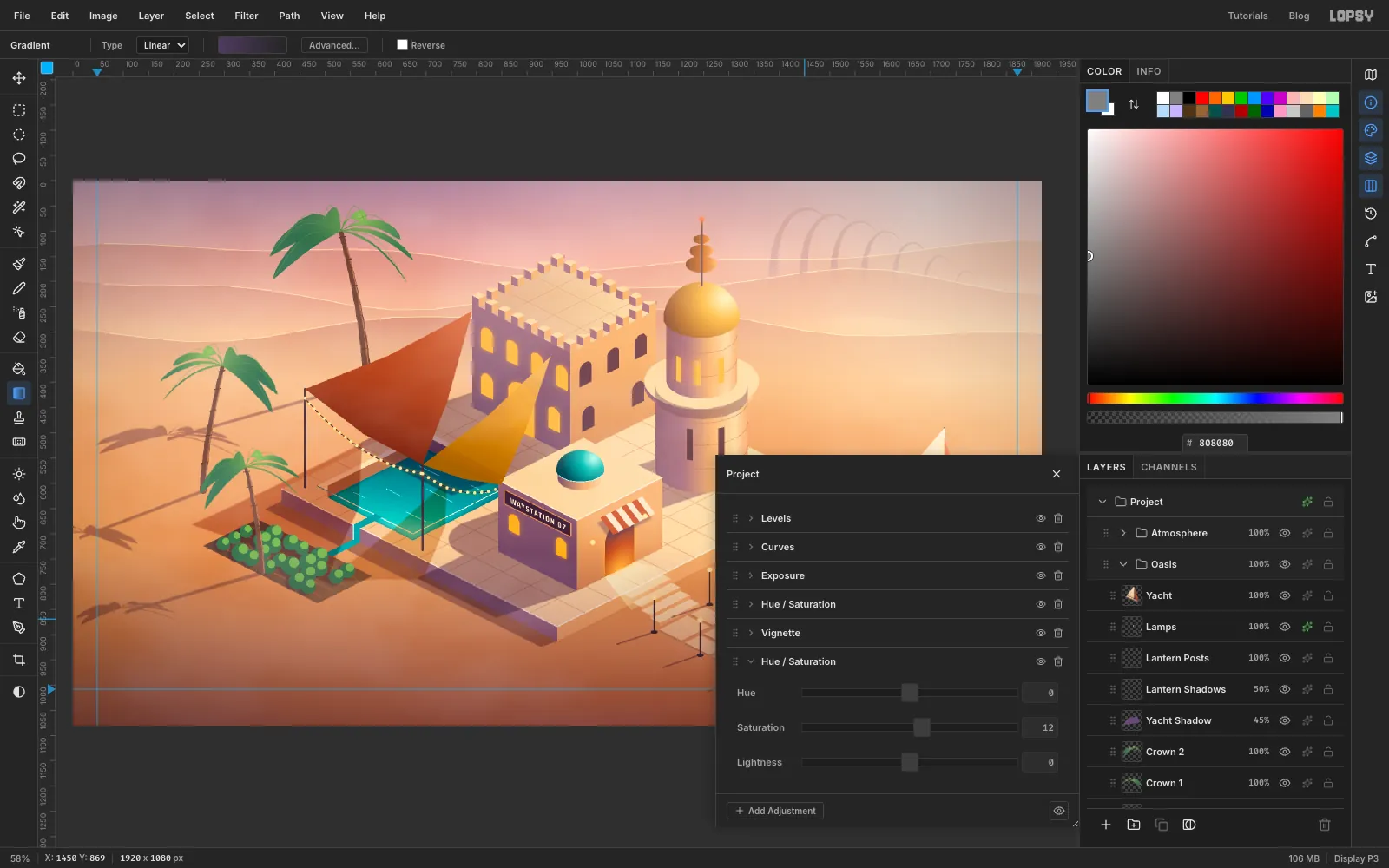 The Project group's adjustment drawer listing its nodes, with a new Vignette and a Hue / Saturation node raising saturation by 12