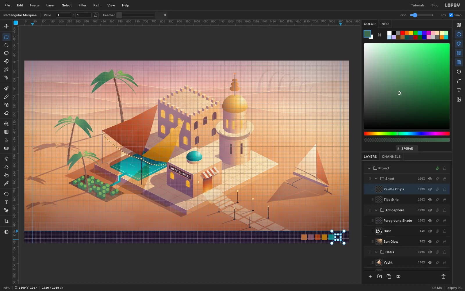 The dark title strip along the bottom with six palette chips, the last being drawn with a marquee snapped to an 8 px grid