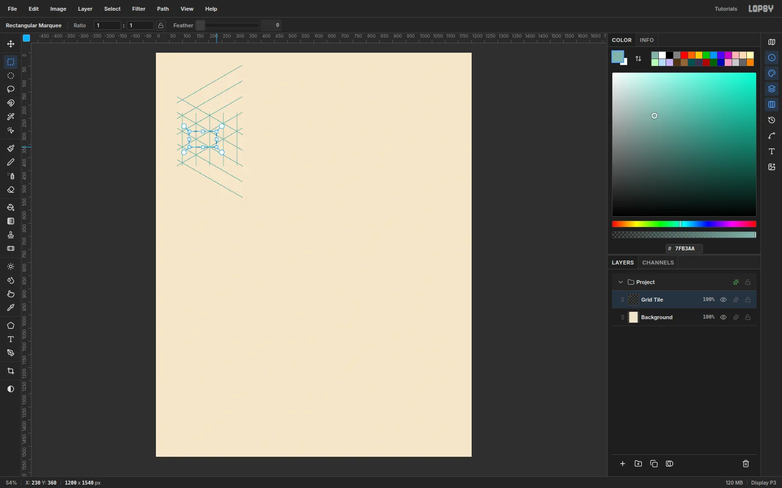 A small patch of teal pencil lines at 30 degrees and vertical on cream paper, with a 104 by 60 marquee around one repeat