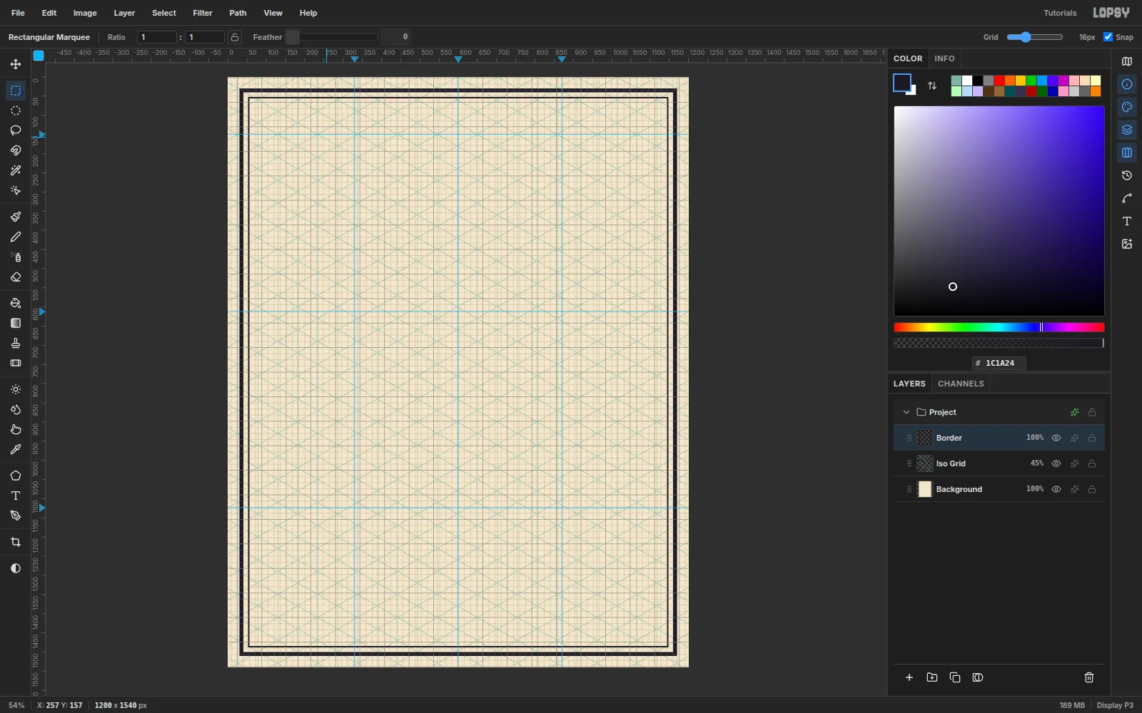Blue guides at the three column lines and three row lines over the bordered sheet, with the 16 pixel grid showing
