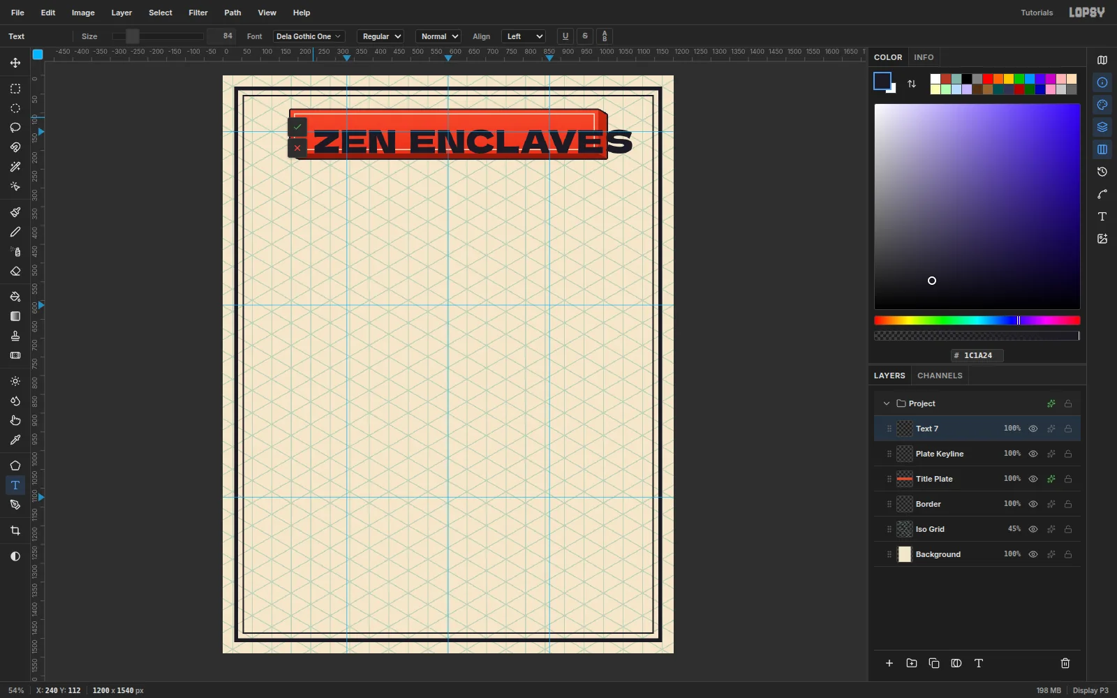 ZEN ENCLAVES typed in dark Dela Gothic One on the plate, too large and running off the right end