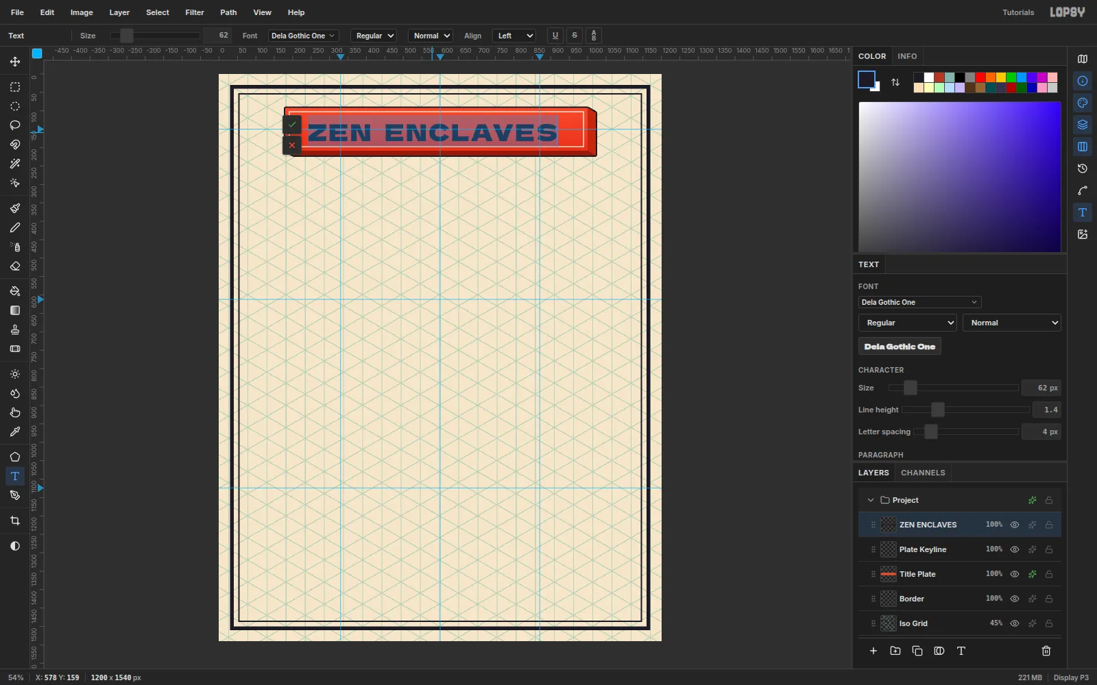 The title in edit mode at a smaller size with wider letter spacing, every letter selected