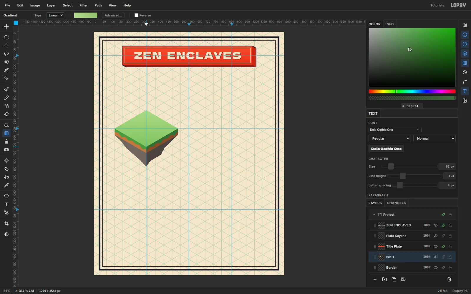An isometric block with a light-green top diamond, green drips over brown earth sides and a jagged grey rock cone hanging underneath