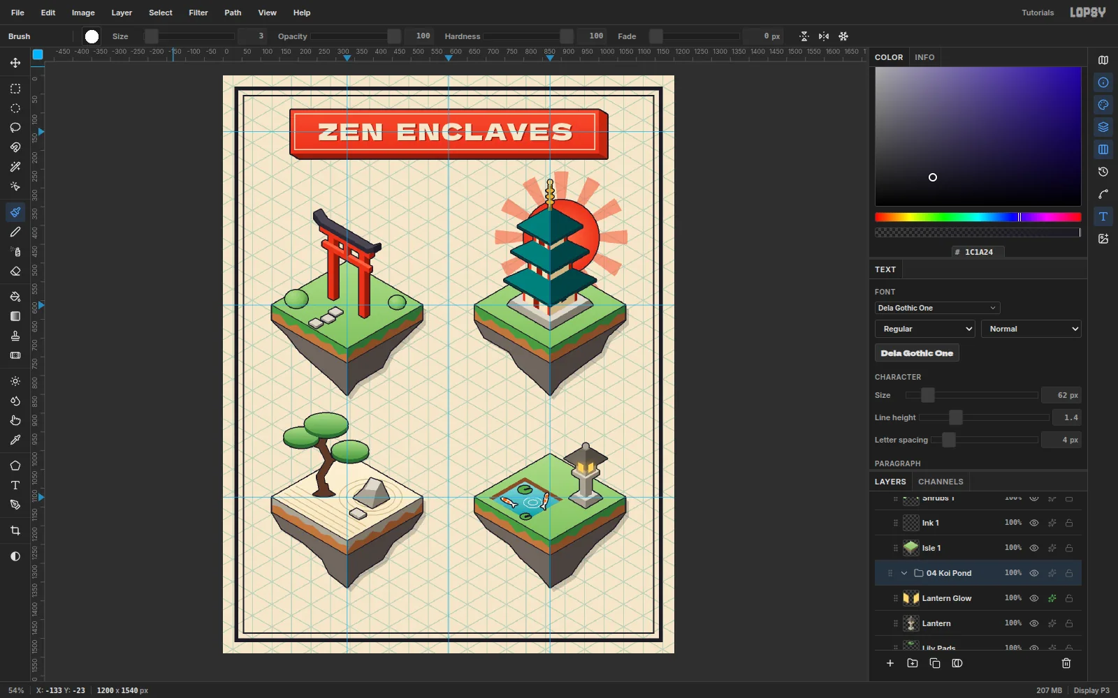 The Layers panel with four groups named 01 Torii, 02 Pagoda, 03 Rock Garden and 04 Koi Pond