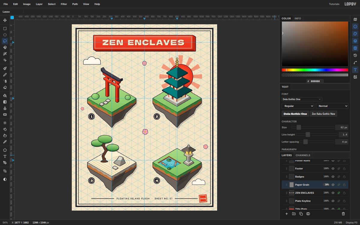 Lopsy showing the finished ZEN ENCLAVES flash sheet, with four numbered isometric floating islands on isometric drafting paper, a vermilion title plate and the design groups in the Layers panel