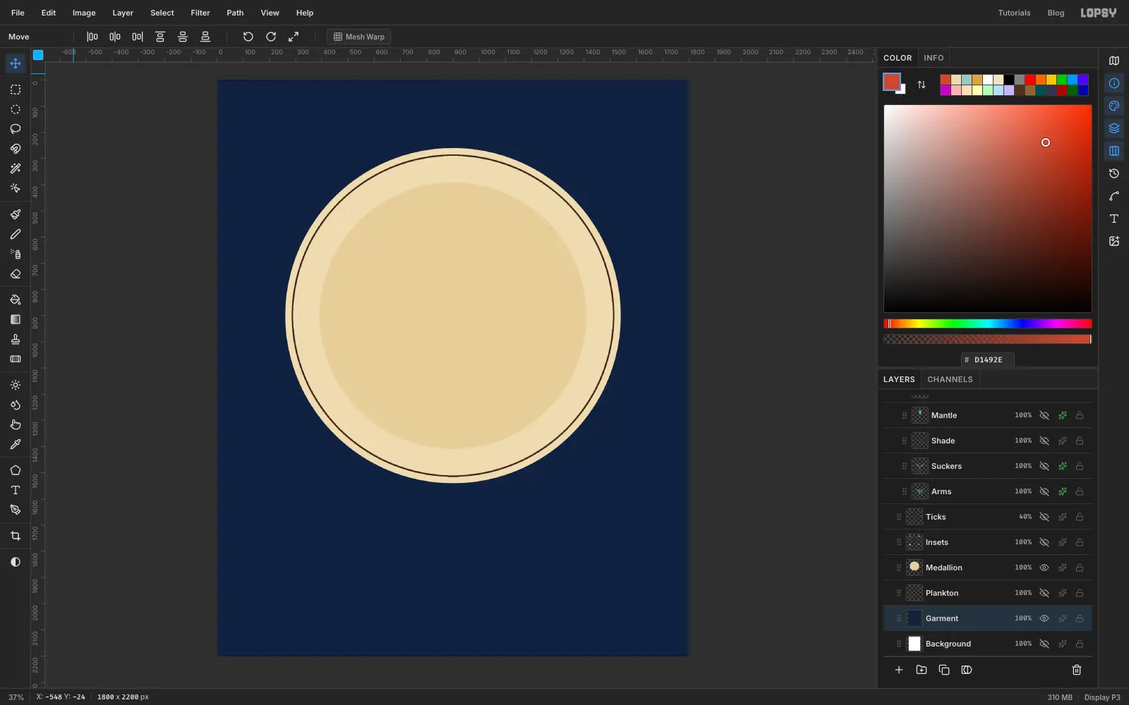 A large cream circle with a thin sepia ring inset from its edge and a slightly darker cream disc in the middle, on the indigo background