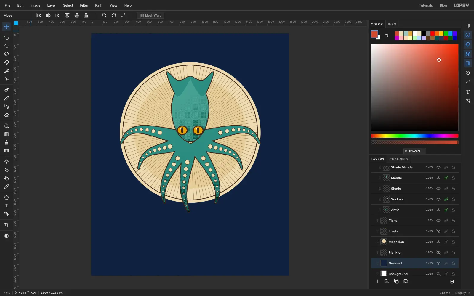 Fine sepia lines fan out from the centre of the medallion behind the kraken like a sunburst