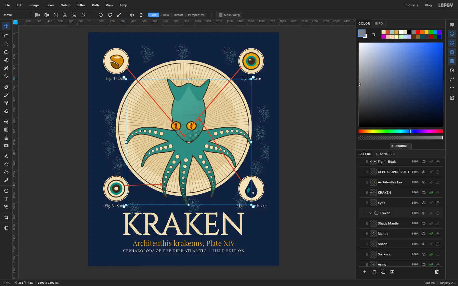 The Kraken group scaled smaller with the Move tool, the body shrinking toward the bottom right of its box while the eyes stay where they were