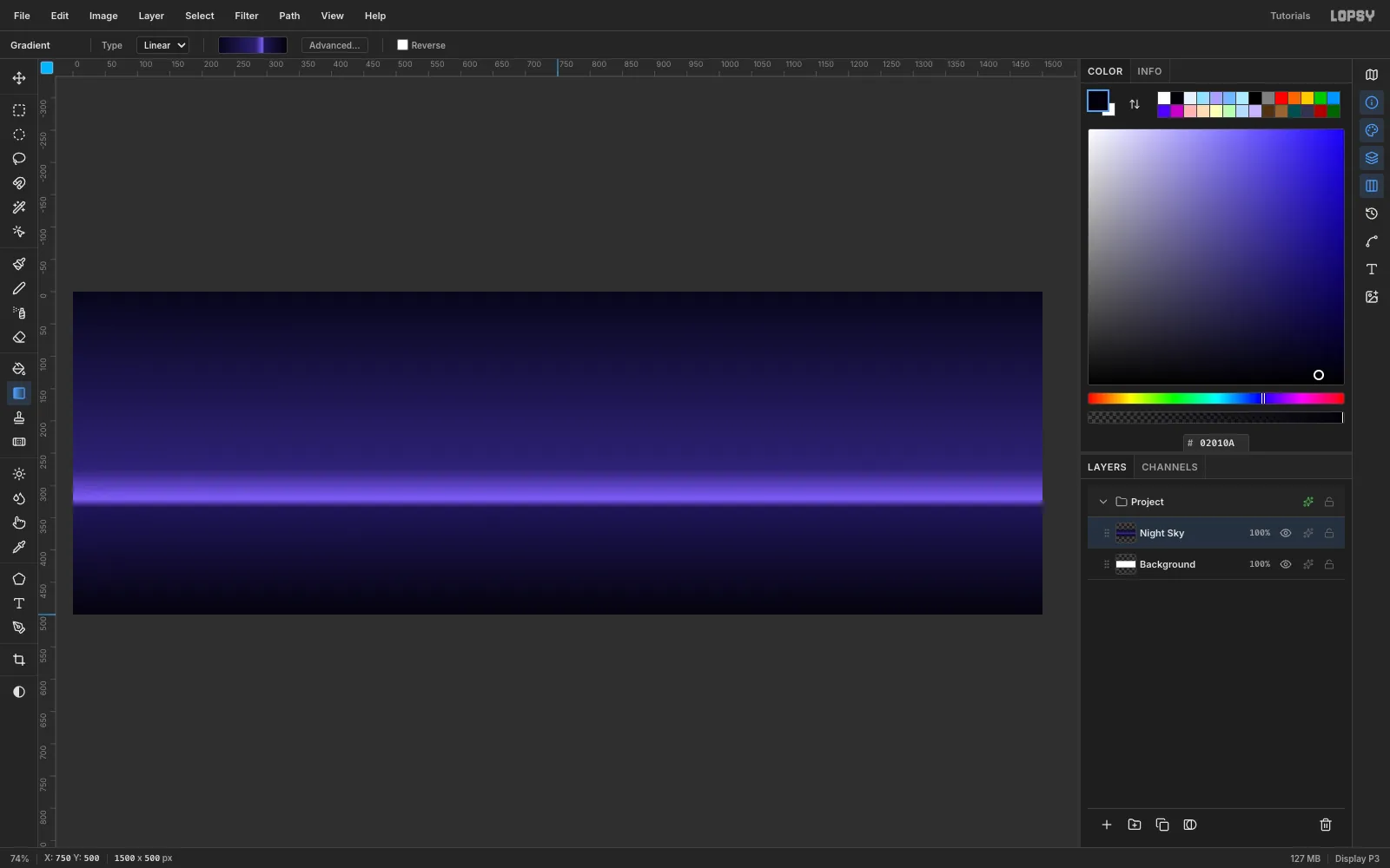 A 1500 by 500 canvas filled with a dark indigo gradient and a bright violet horizon line two-thirds of the way down