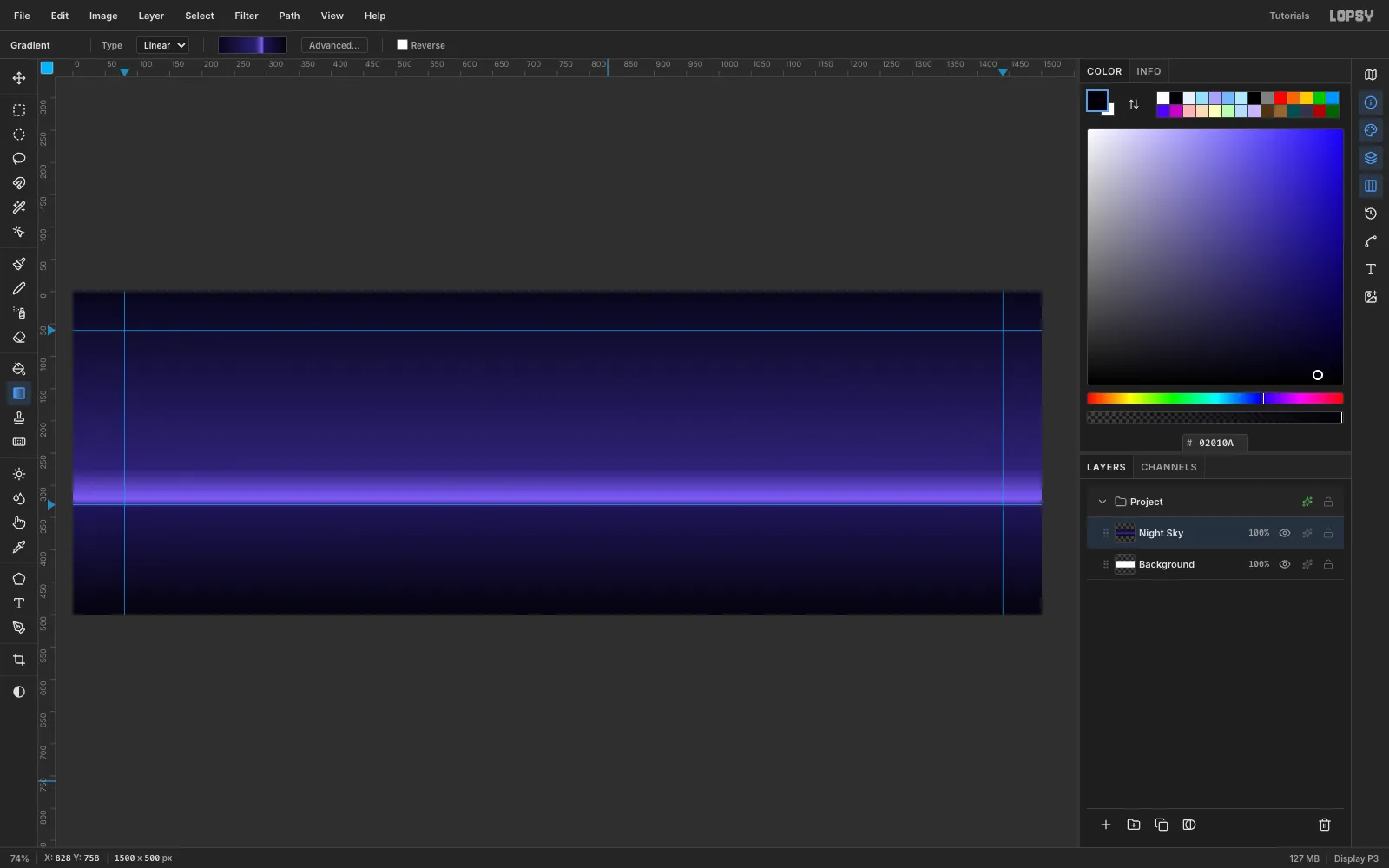 The same sky with thin blue guide lines at x 80 and x 1440 and at y 60 and y 330
