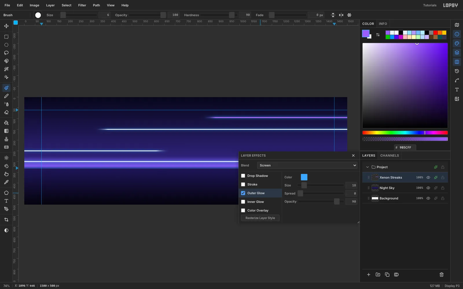 The streaks now have tapered motion-blurred ends and a soft blue glow, with the Layer Effects drawer open on Outer Glow