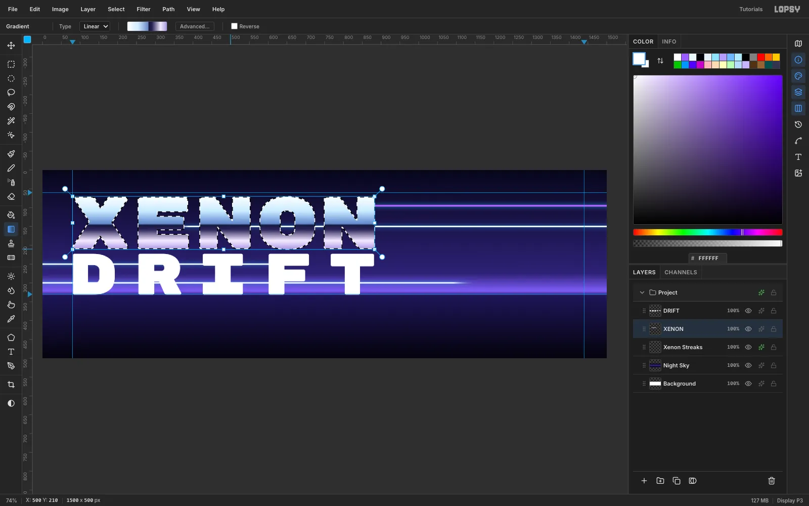 XENON filled with a chrome gradient, pale sky blue on top, a sharp dark band through the middle and lilac underneath