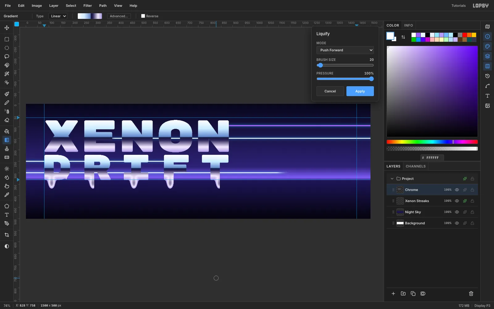 The Liquify panel open, with rounded chrome drips hanging below each DRIFT letter