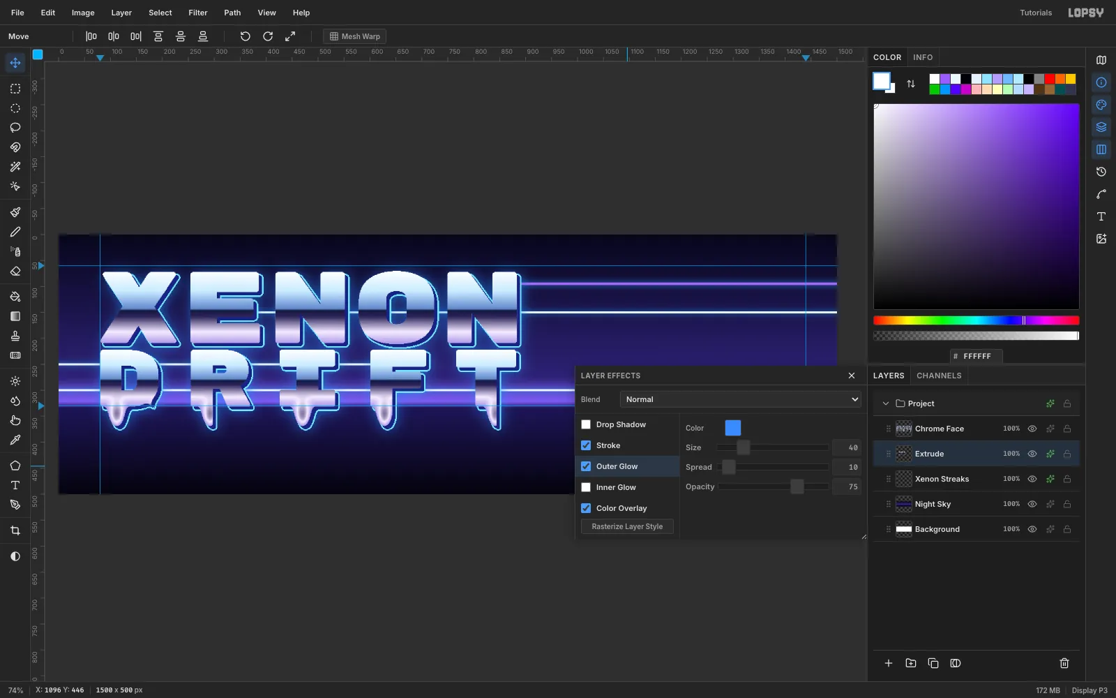 The chrome headline now has a deep blue offset extrusion with a cyan outline and a blue glow behind it