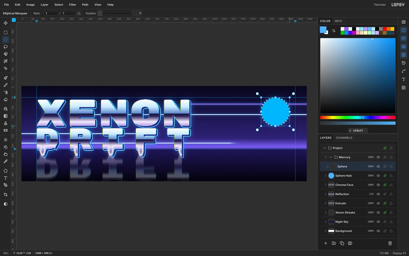 A glowing blue disc at the top right and a circular marquee around it on a new layer