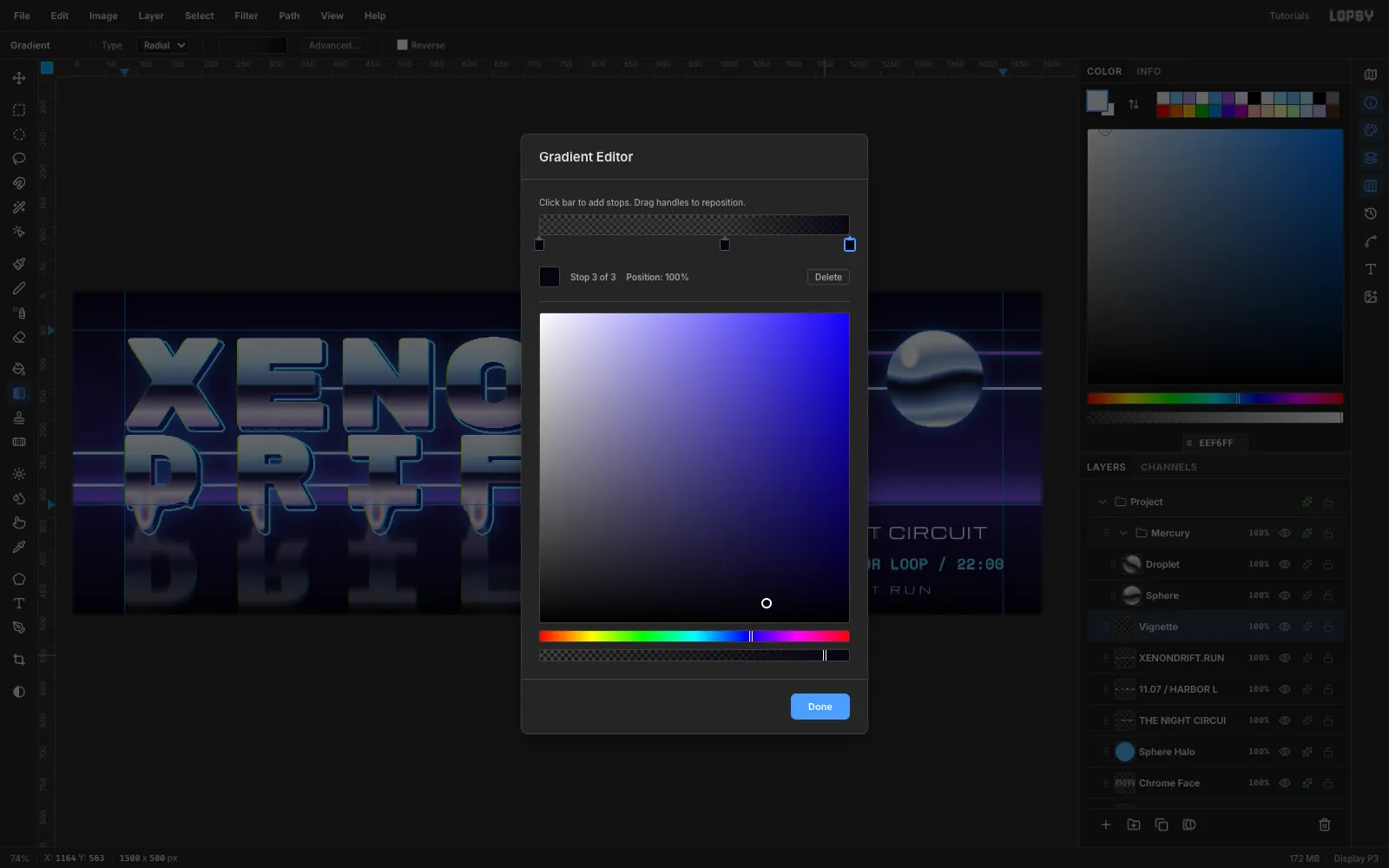 The Gradient Editor with three dark navy stops, the first two fully transparent and the last one nearly opaque