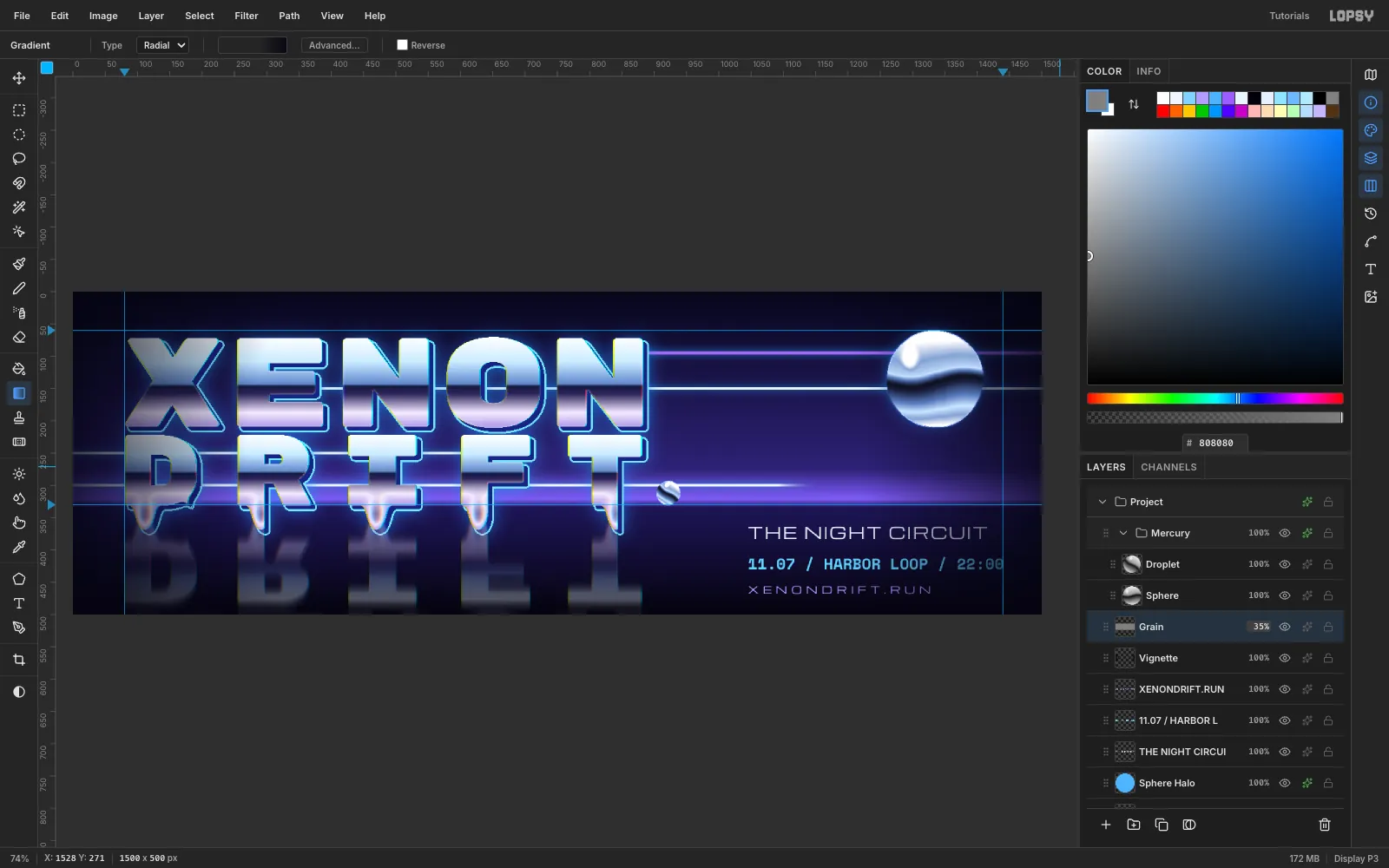 The final billboard with a subtle grain over everything and the Grain layer in Overlay mode at 35 percent