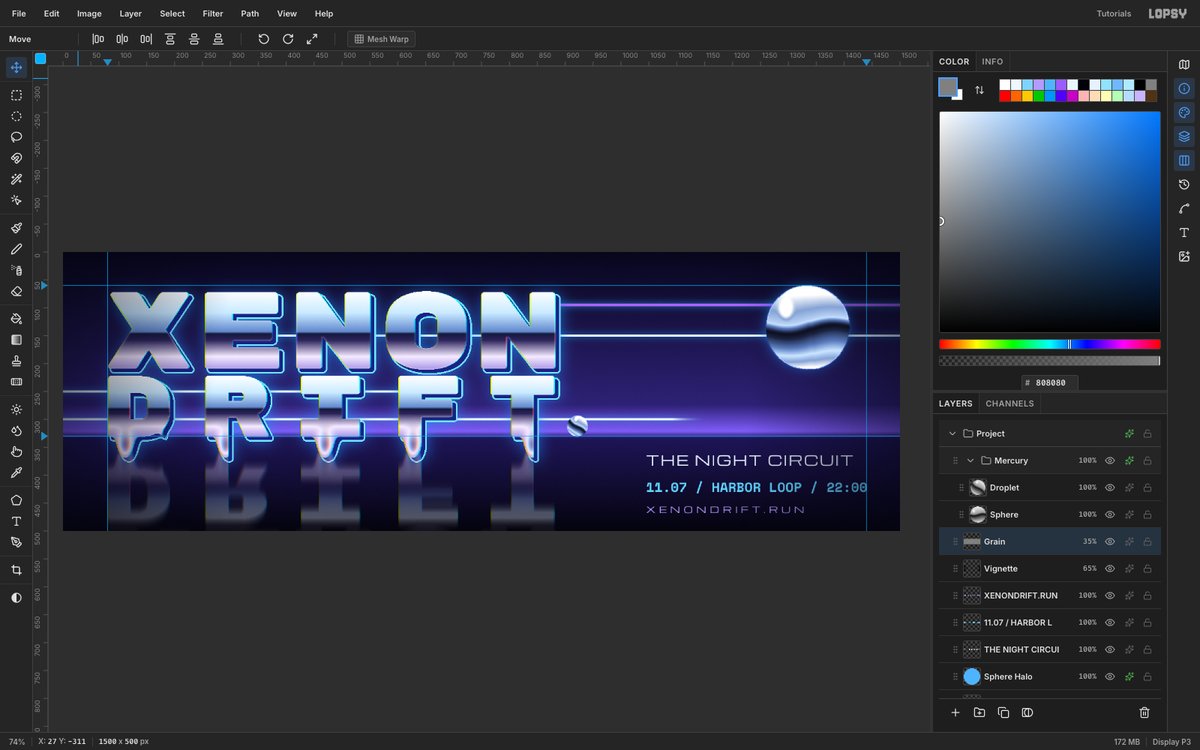 Lopsy showing the finished Xenon Drift billboard, with dripping chrome XENON DRIFT type over a violet horizon, a mirror reflection on the floor, a liquid chrome sphere and blue event text