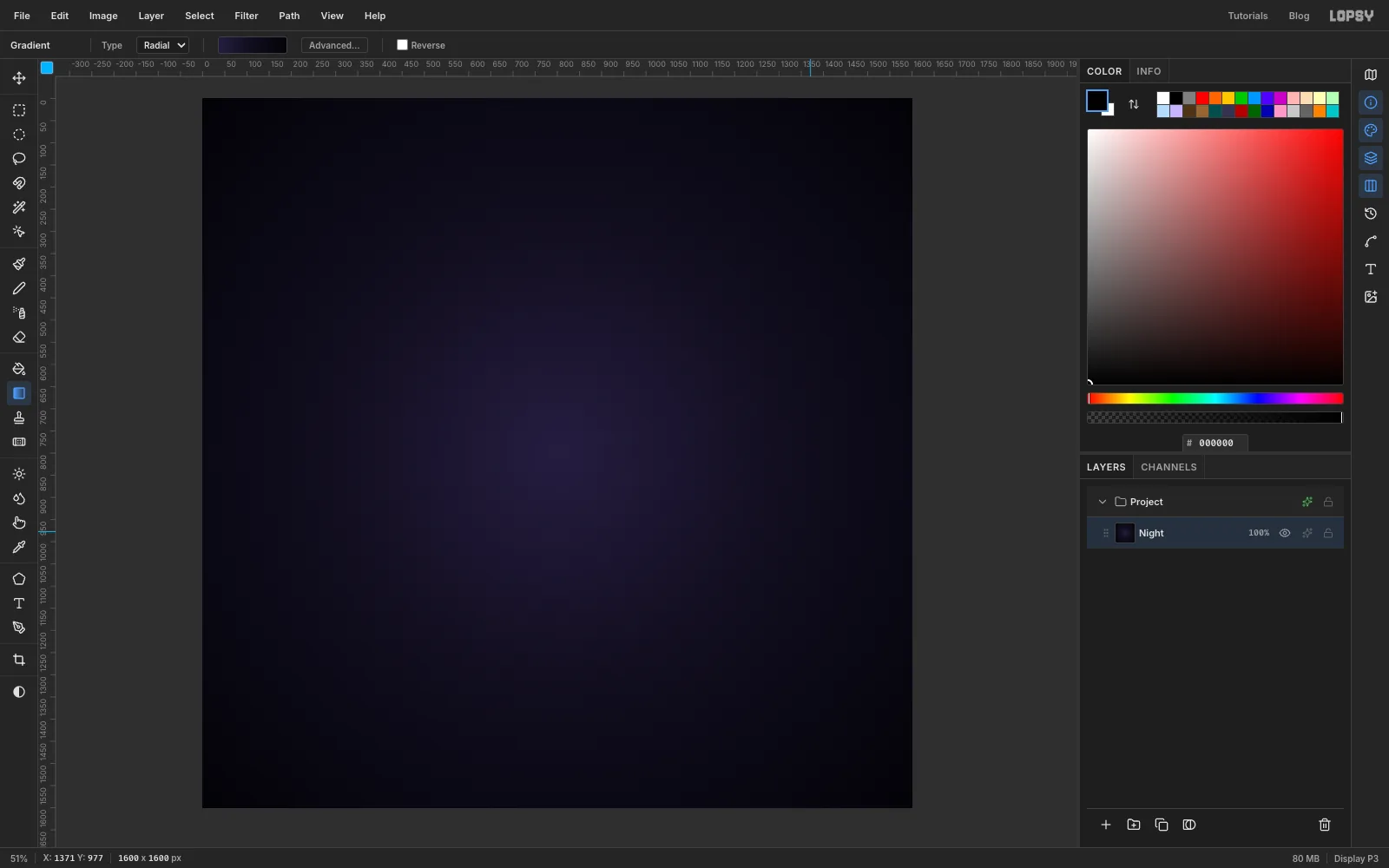 A 1600 by 1600 canvas filled with a dark radial gradient, faint violet in the middle fading to near-black at the corners