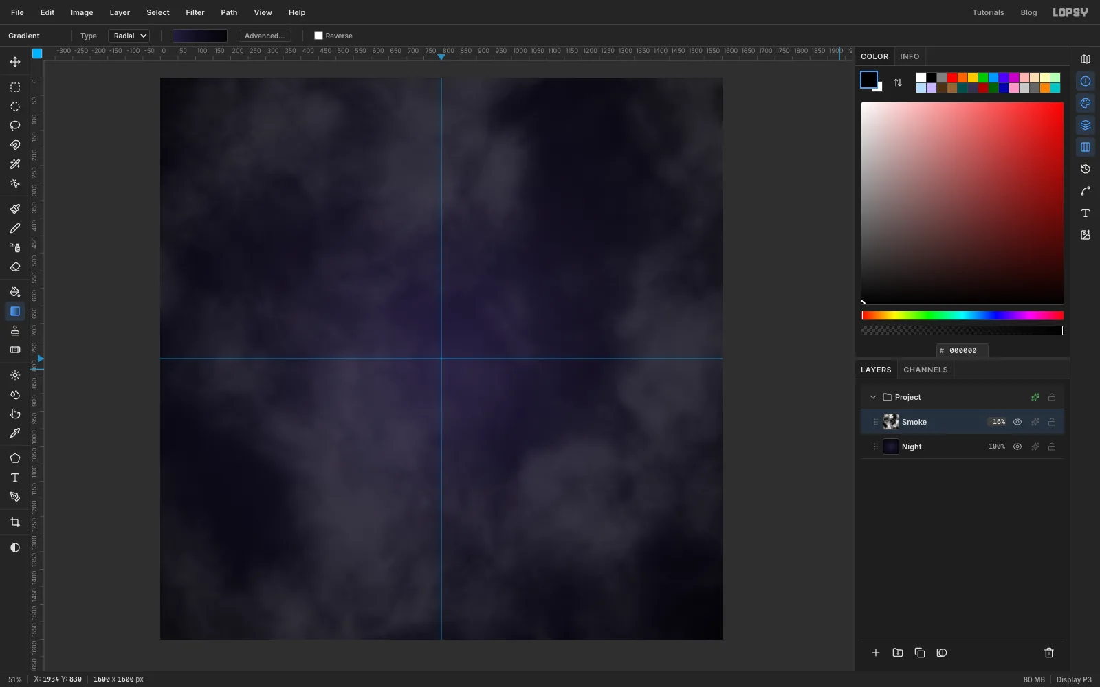The night sky with blue guides crossing at the centre and soft grey smoke drifting over it