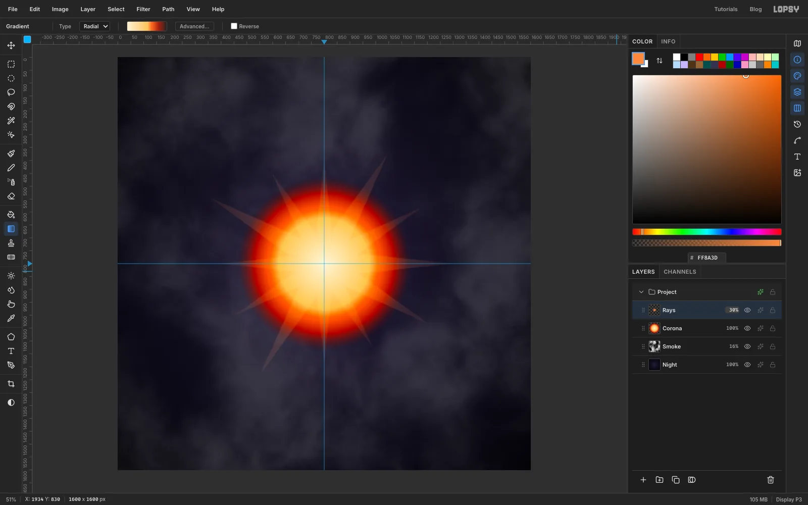 The glowing corona with twelve soft, blurred orange wedges radiating faintly beyond it