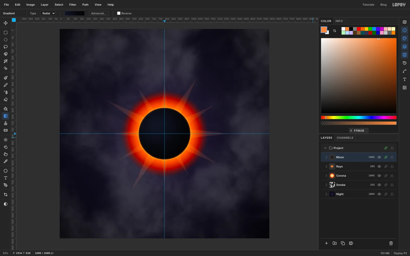 A dark blue-black disc covering the centre of the corona, leaving a burning orange ring with a thin hot rim around the disc