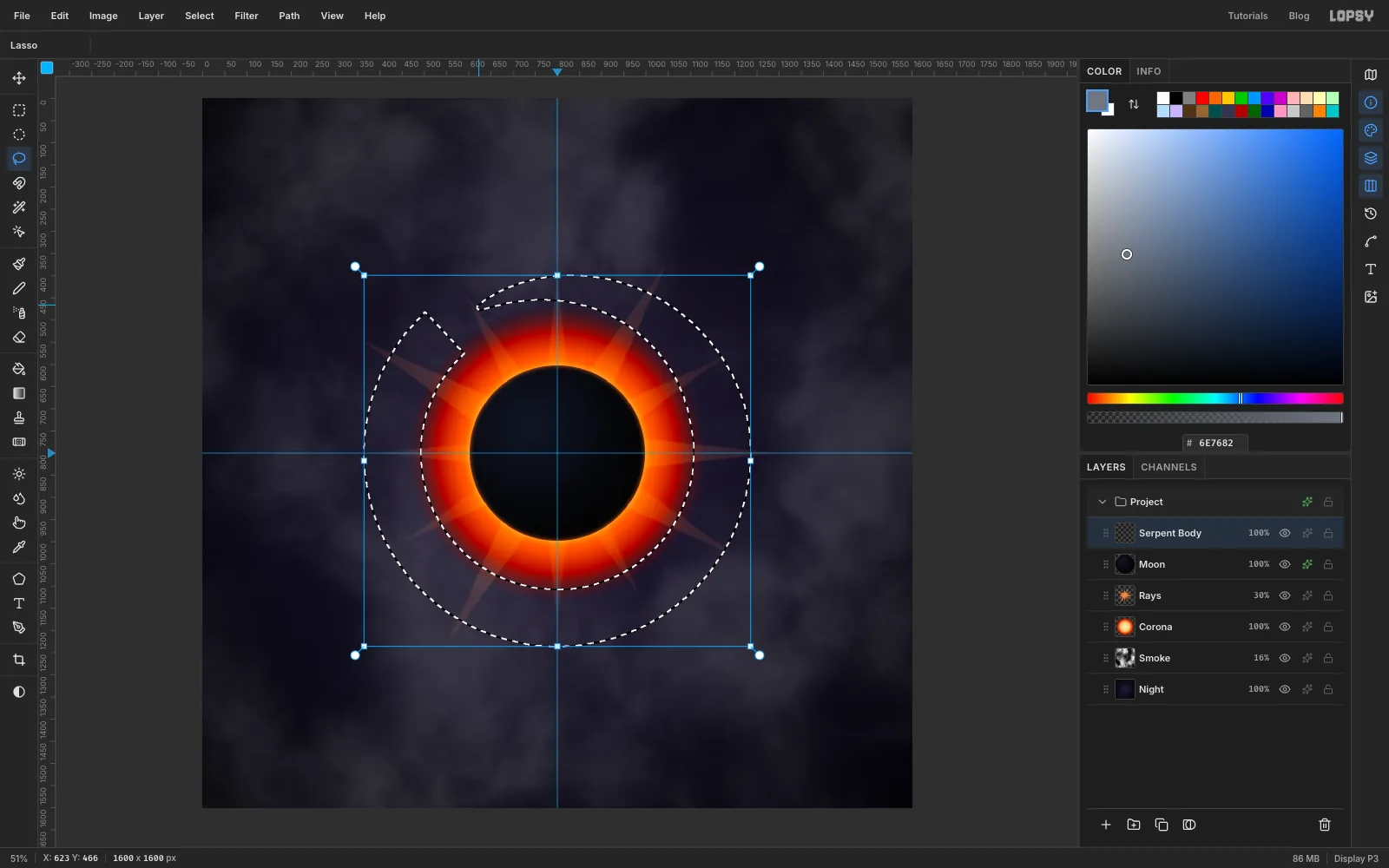 A lasso selection shaped like a thick ring, thin at the top-left where the tail starts and full width the rest of the way round, over the eclipse