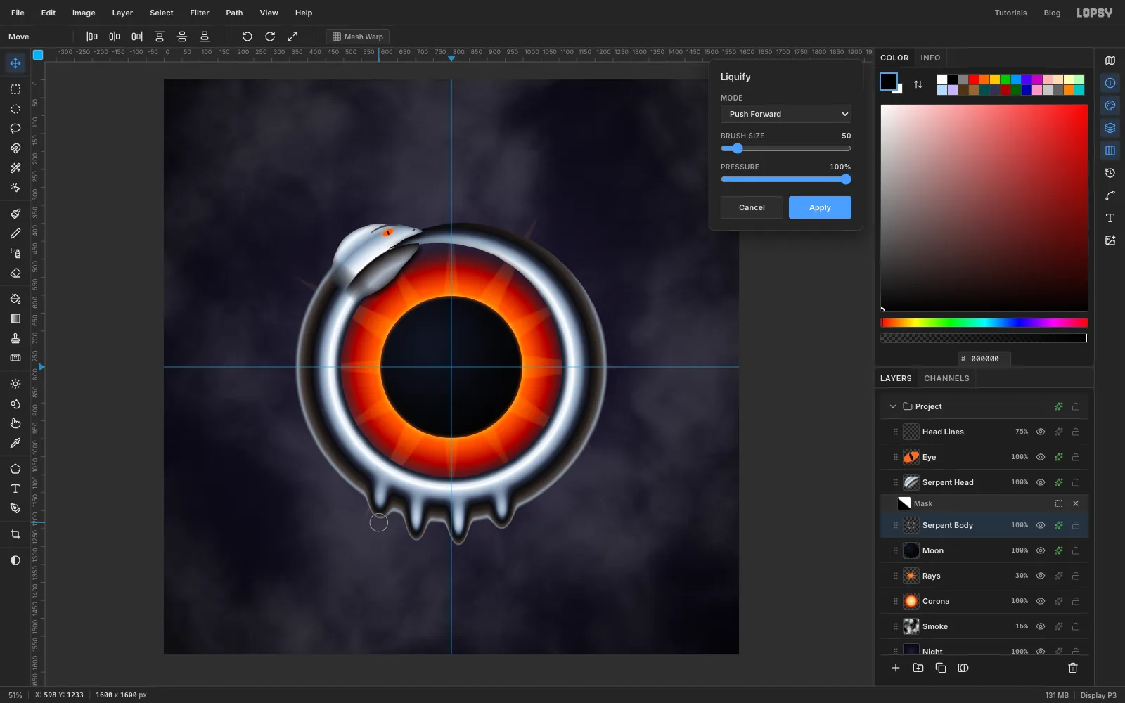 The Liquify panel set to Push Forward with the brush circle at the bottom of the ring, where the chrome is being pulled down into four drips