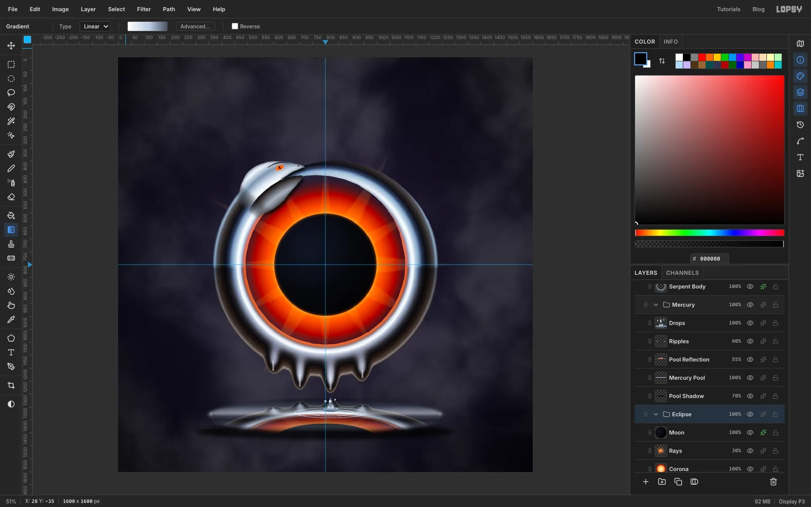 The Layers panel with Ouroboros, Mercury and Eclipse groups, the Mercury group selected