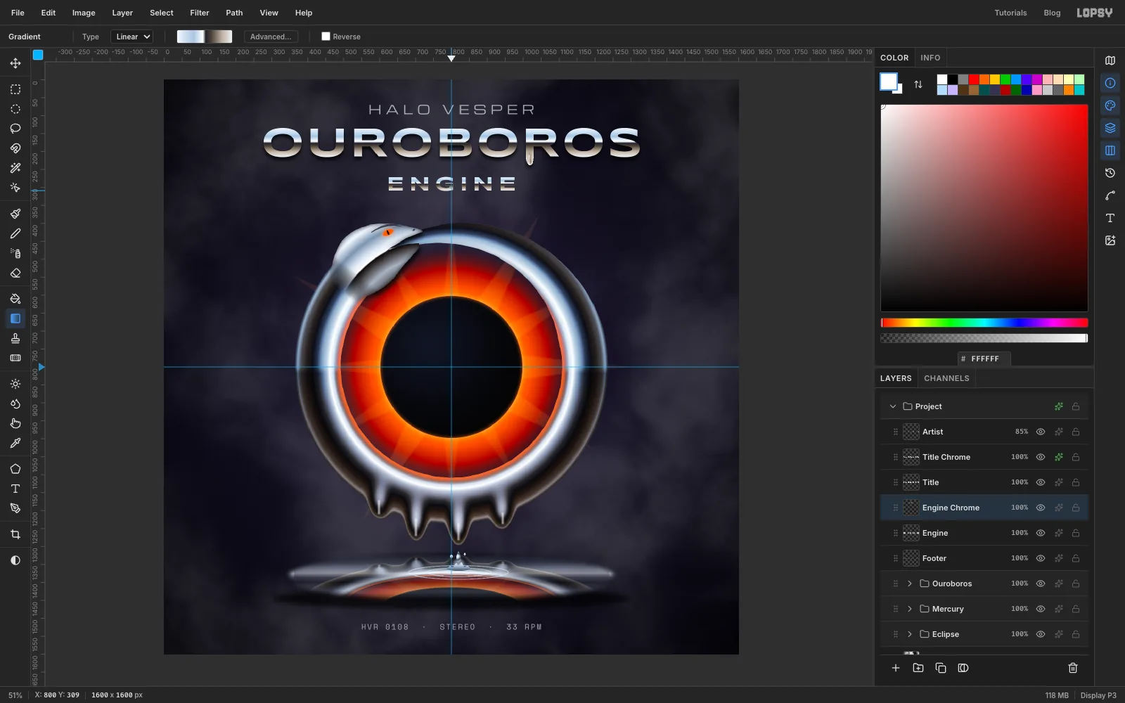 OUROBOROS in chrome lettering with a sky-to-ground horizon band, a soft drop shadow, and a single drip hanging from the second R