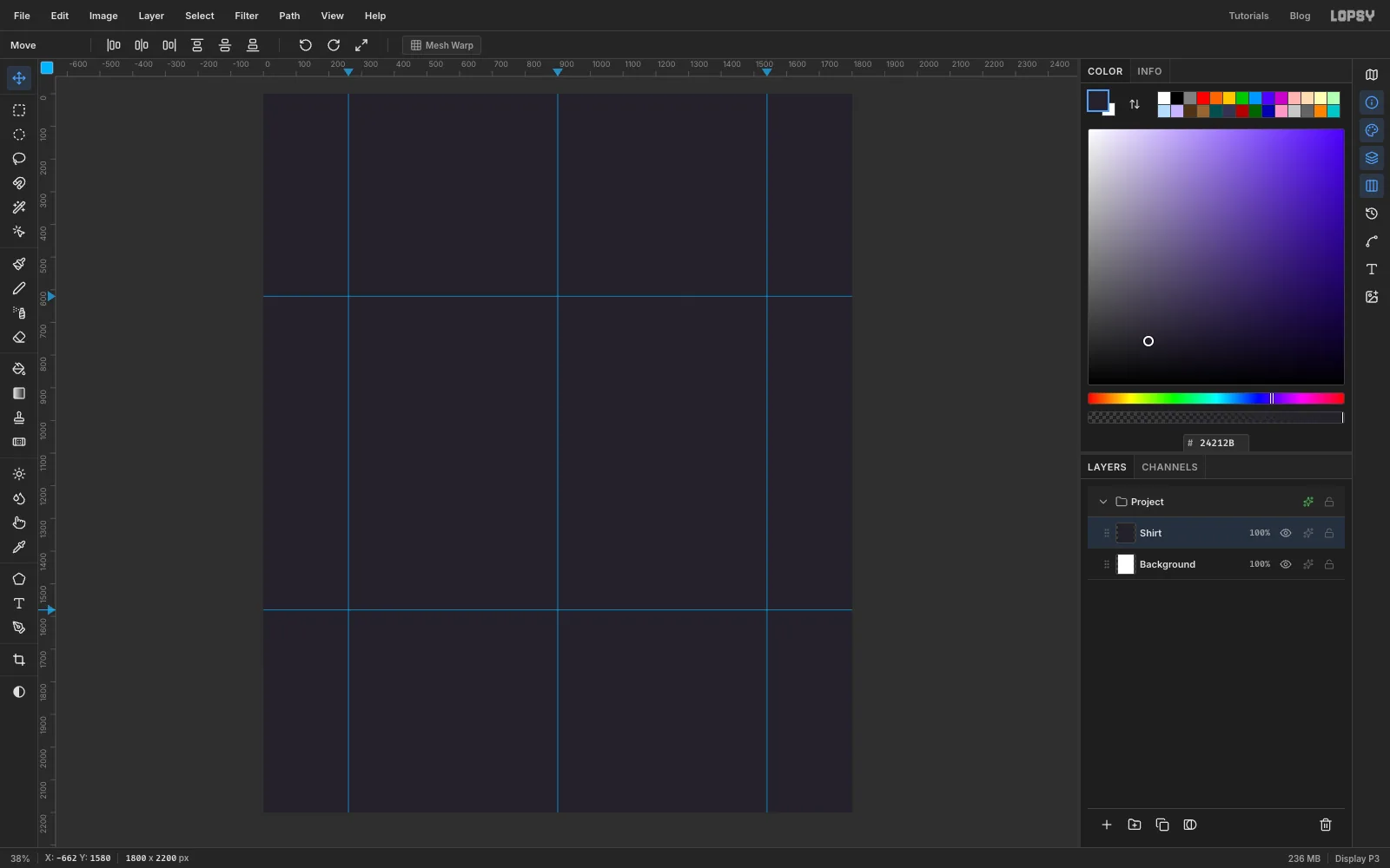An empty 1800 by 2200 plum document with three vertical and two horizontal guides