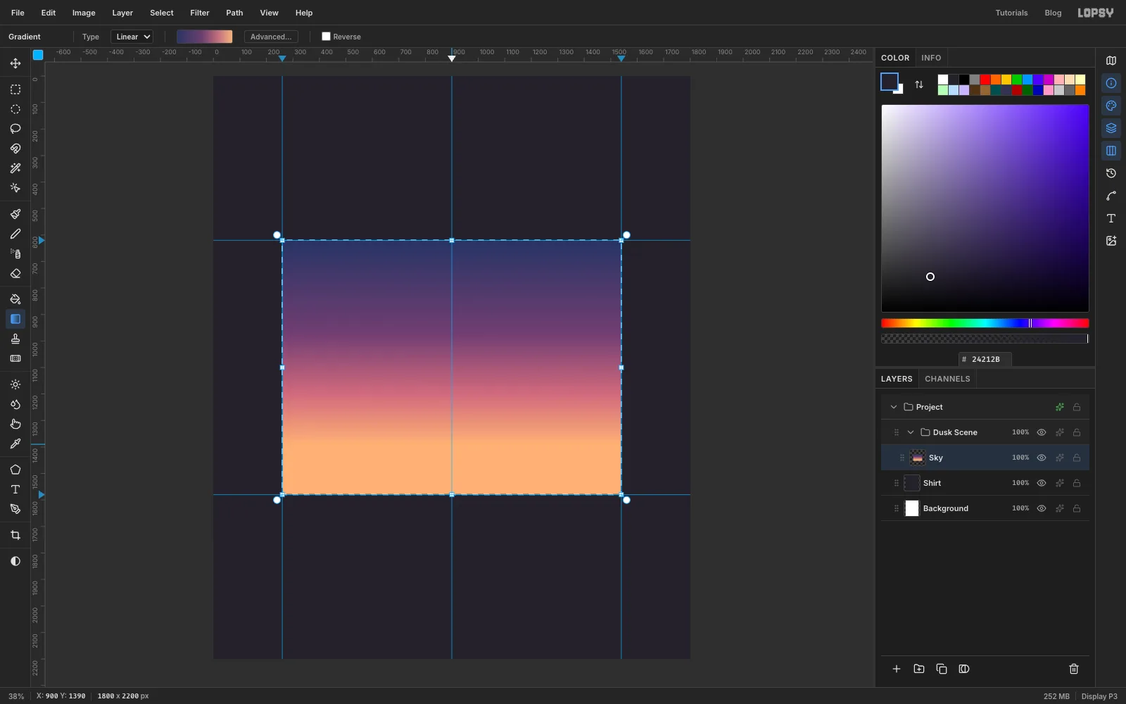 A rectangle between the guides filled with a navy, plum, rose and peach gradient, with the marquee still active