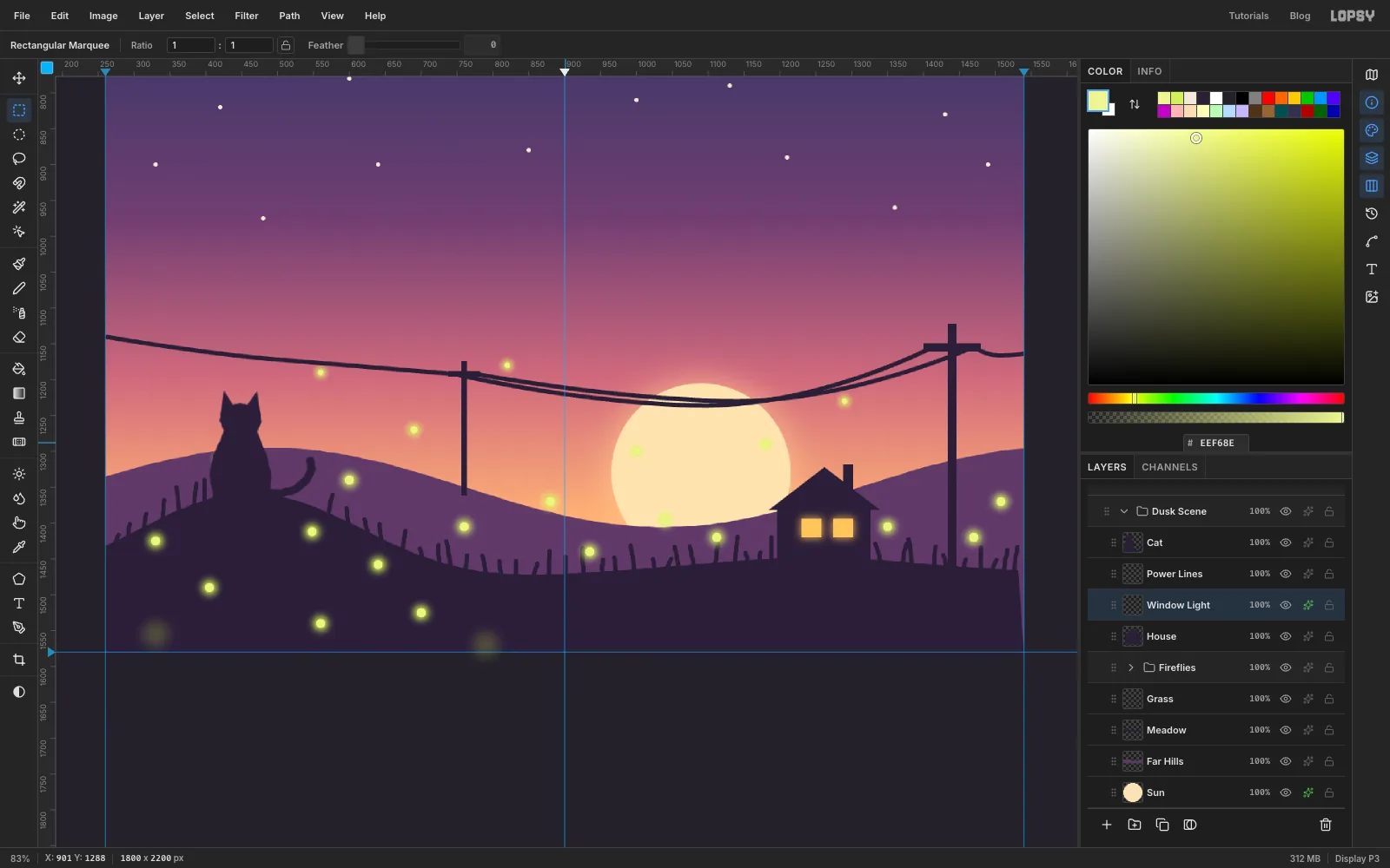 The dusk scene with a soft peach halo around the sun and a warm glow around the lit windows