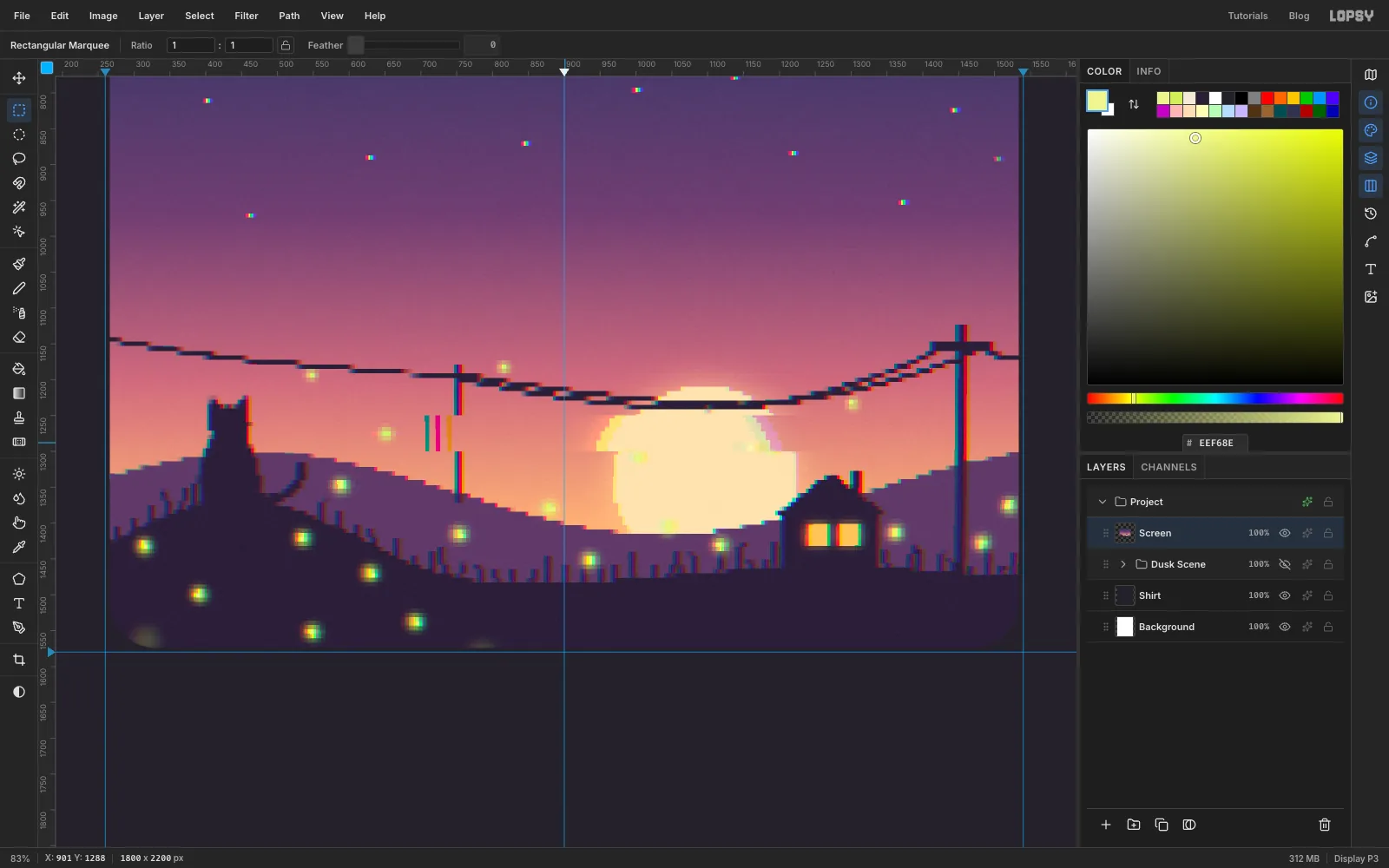The finished screen: a pixelated, slightly distorted dusk scene with rounded corners, grain and a glitch band