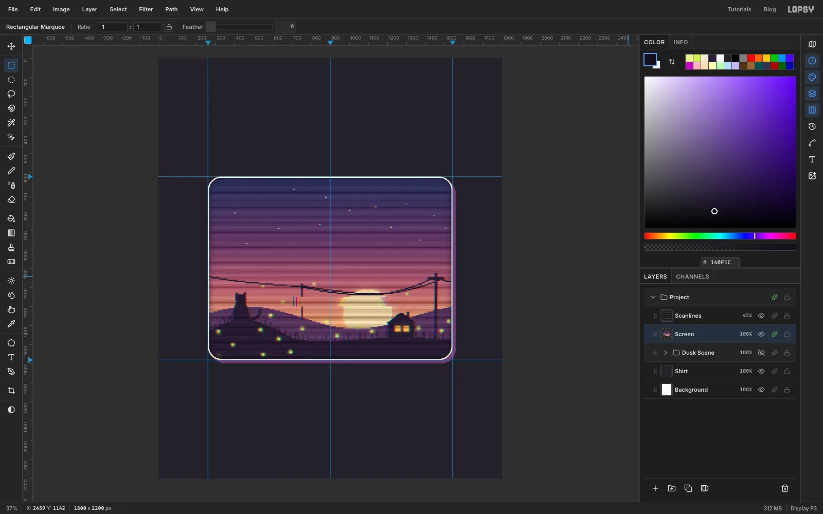 The screen with fine horizontal scanlines, a cream outline and a hard plum offset shadow