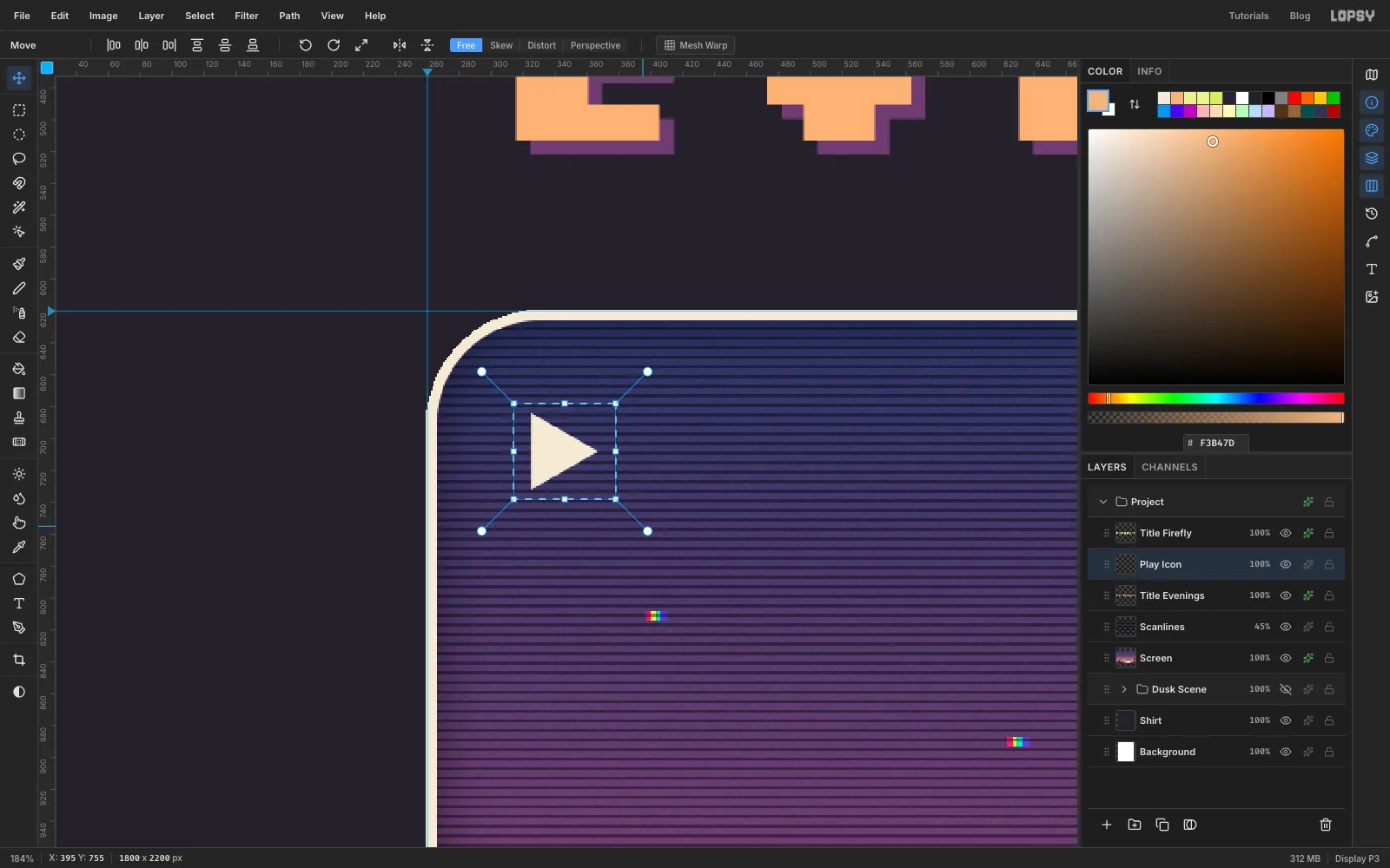 A cream triangle in the screen's top-left corner being rotated 90 degrees with the Move tool's rotate handle