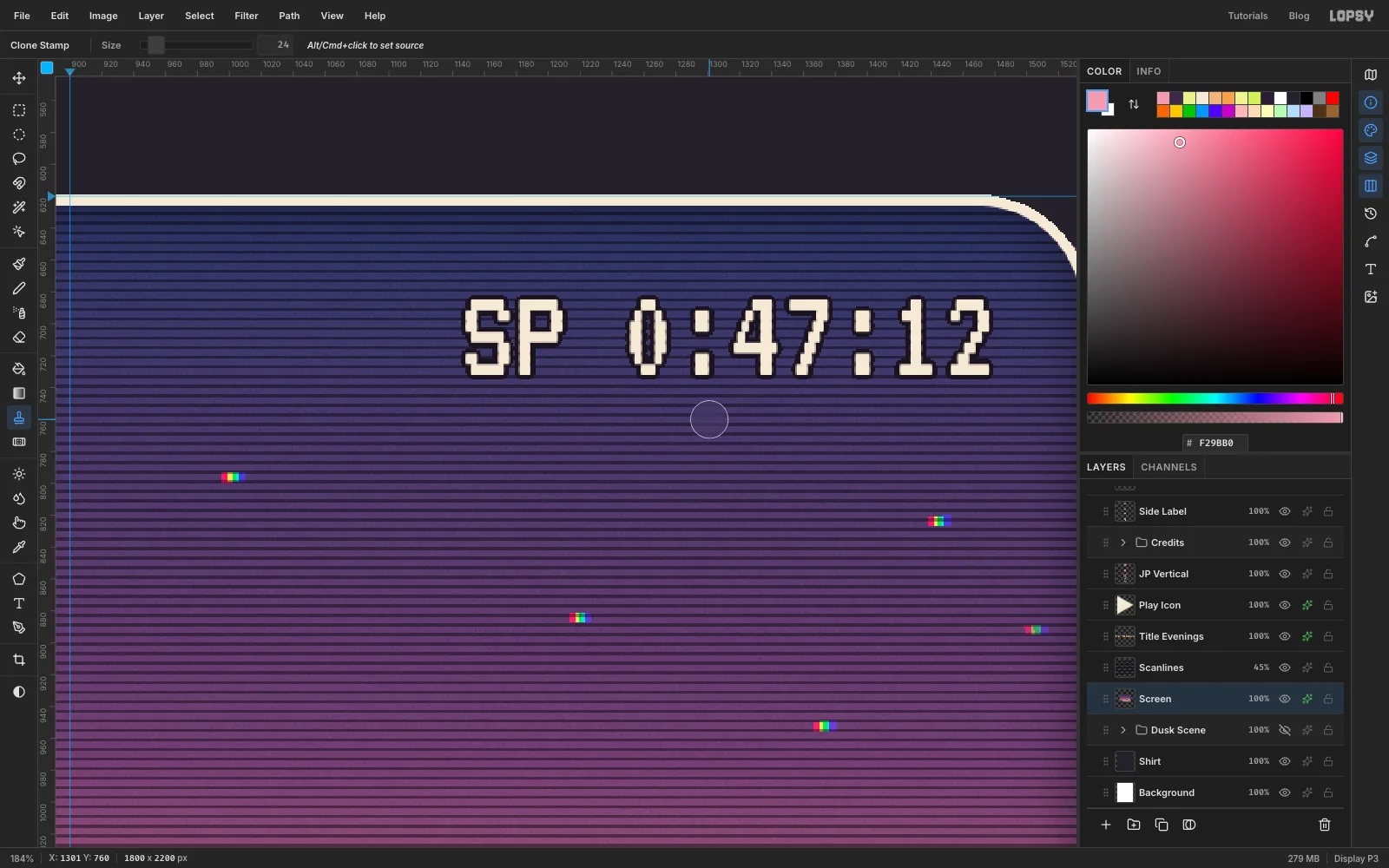 The Clone Stamp tool over the sky just under SP 0:47:12, painting out a star