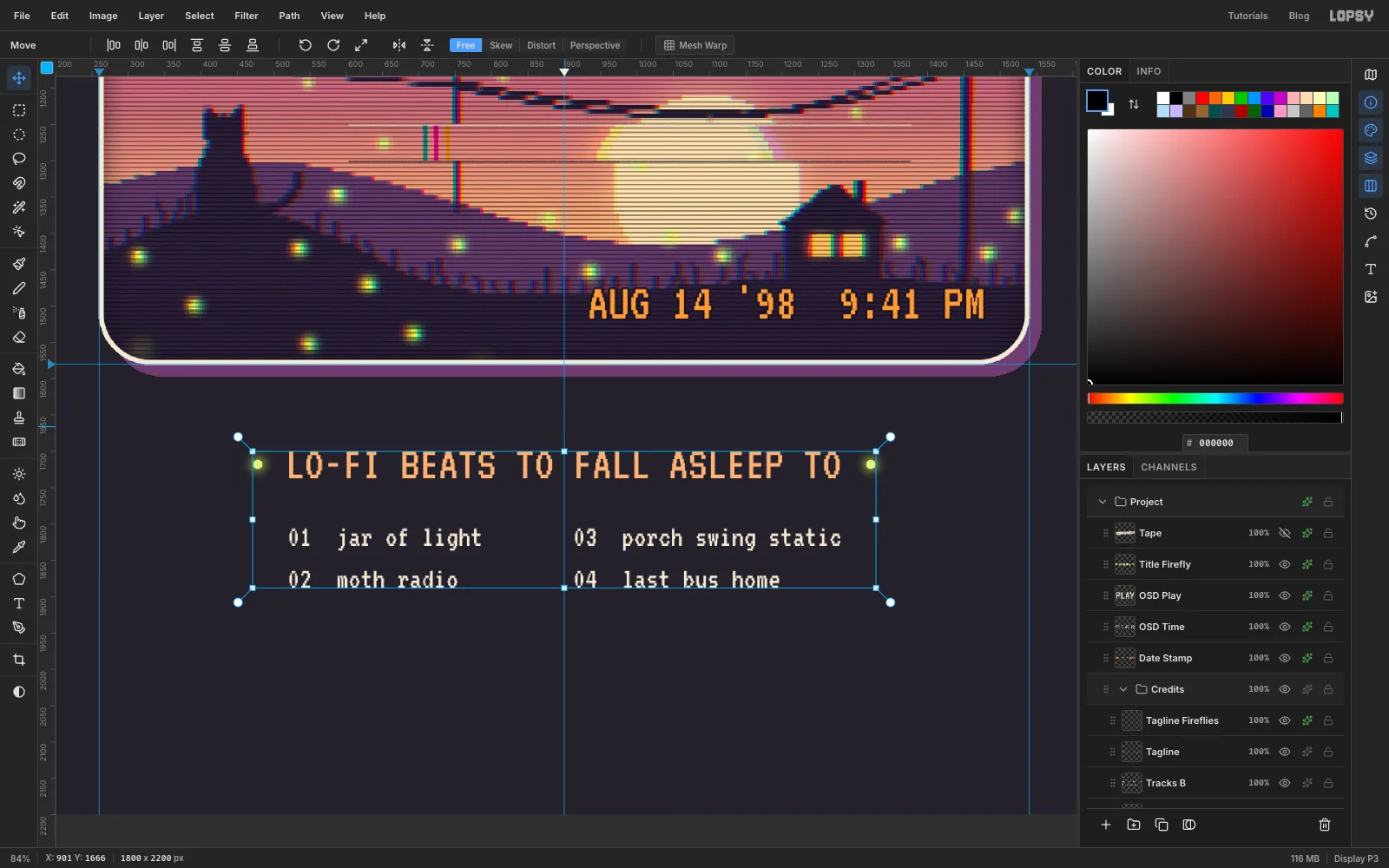 LO-FI BEATS TO FALL ASLEEP TO between two firefly dots above a two-column tracklist, selected as one group
