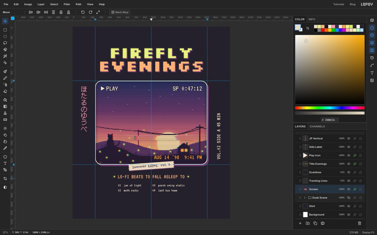 Lopsy editing the finished FIREFLY EVENINGS lo-fi T-shirt design. A rounded CRT screen shows a pixelated dusk scene with a cat on a hill, power lines and fireflies, under a two-line pixel title, with the Layers panel open on the right