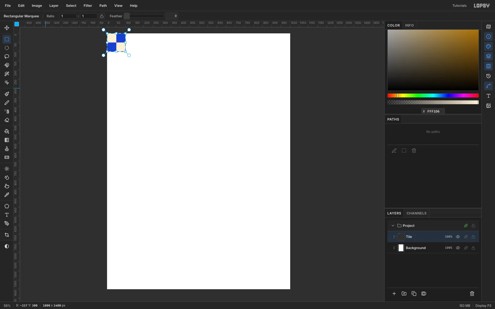 A 100 by 100 pixel checker tile, cobalt with two cream squares, selected in the top-left corner of the canvas