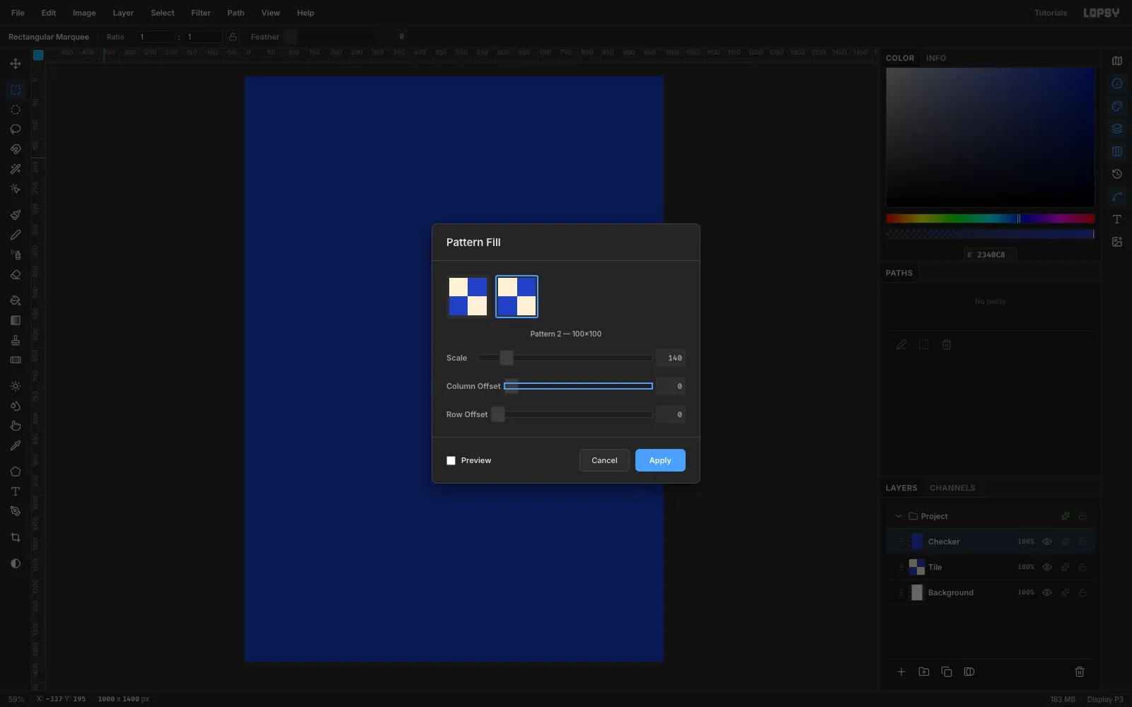 The Pattern Fill dialog with the checker pattern selected and Scale set to 140