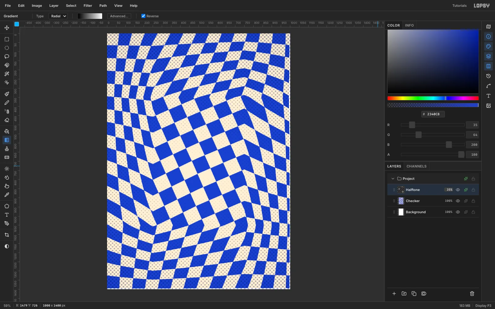 A new Halftone layer of navy dots set to Multiply at 35 percent over the checkerboard