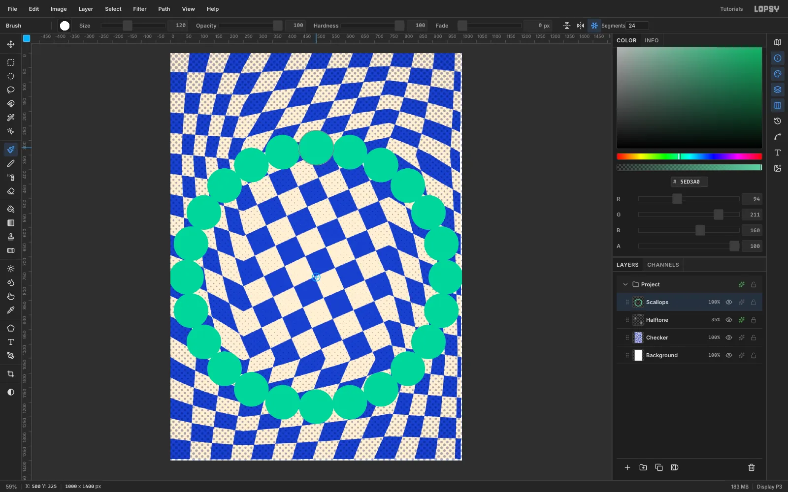 A ring of 24 mint scallops around the centre of the canvas, painted with one click of the radial-symmetry brush