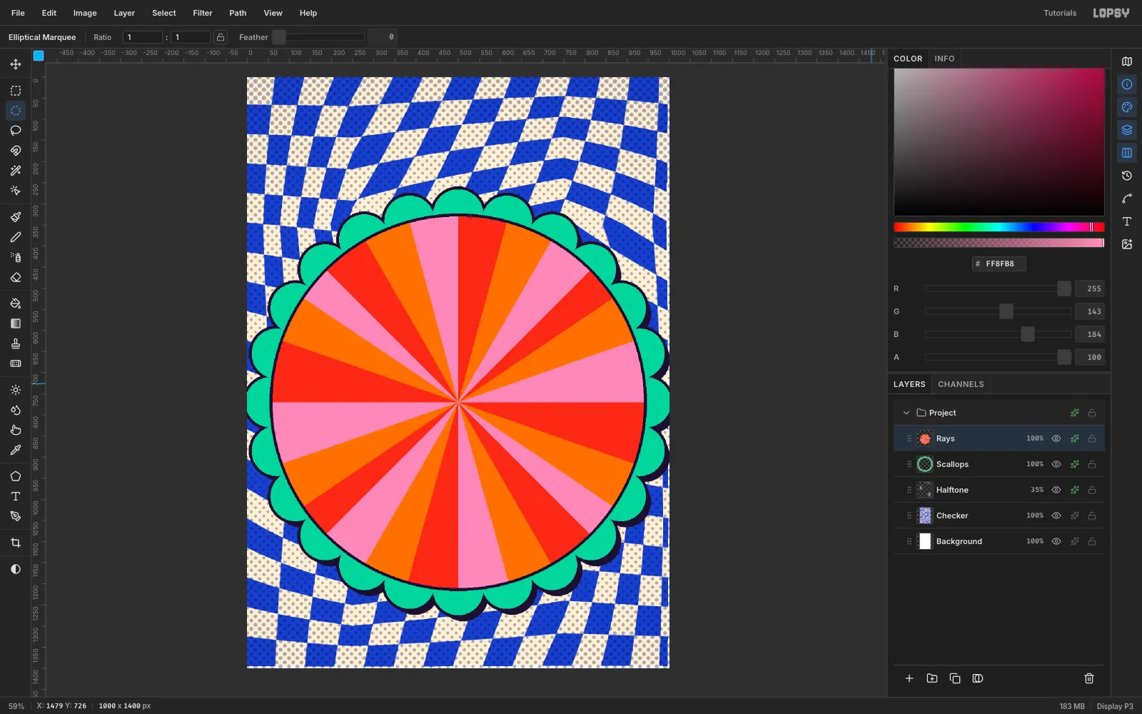 A sunburst disc of pink, red and orange wedges clipped to a circle and outlined in navy, sitting on the mint scallops
