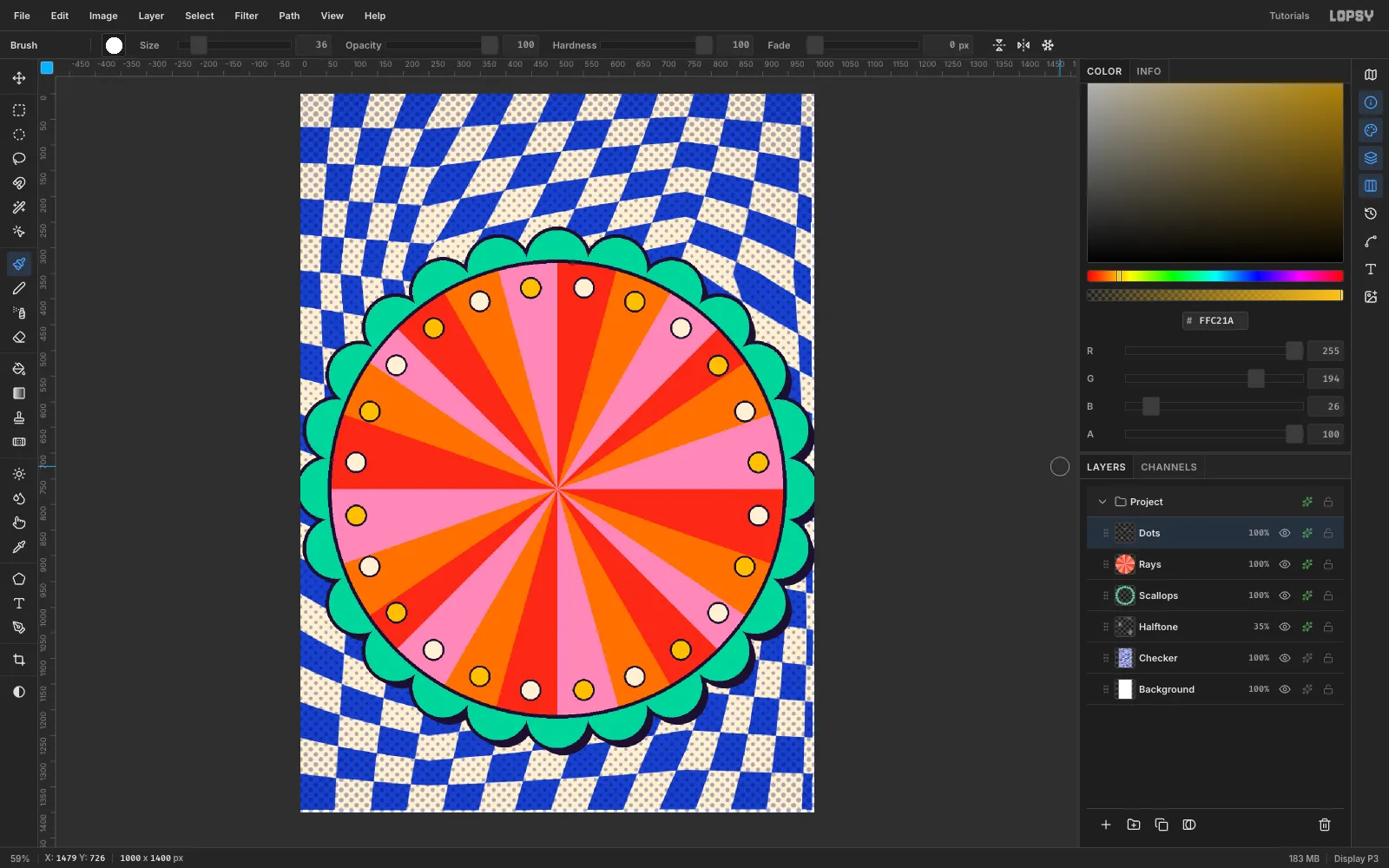 Twenty-four dots around the sunburst rim, alternating cream and yolk yellow, each outlined in navy